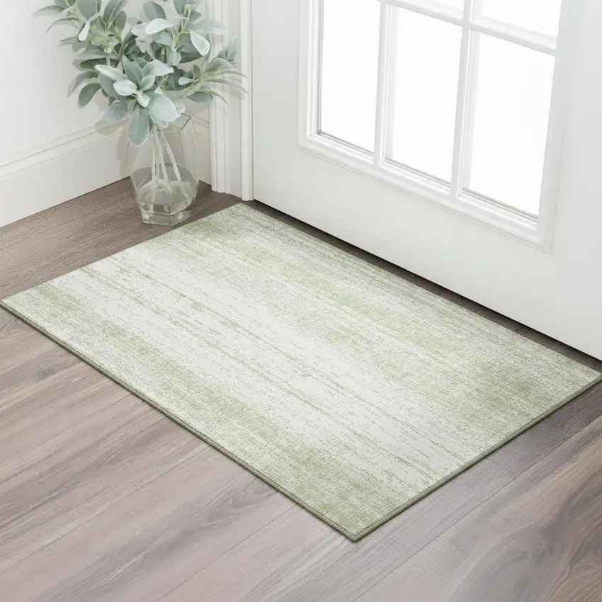 Artichoke Green And Ivory Striped Washable Area Rug With UV Protection Photo 1