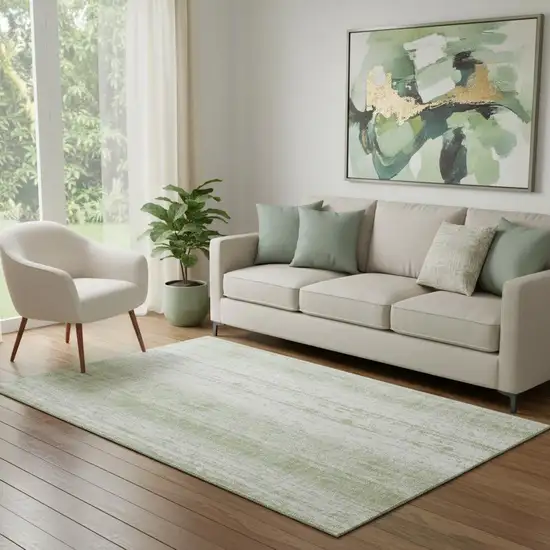 Artichoke Green And Ivory Striped Washable Area Rug With UV Protection Photo 1