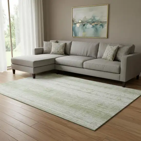 Artichoke Green And Ivory Striped Washable Area Rug With UV Protection Photo 1