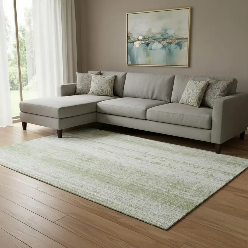 Artichoke Green And Ivory Striped Washable Area Rug With UV Protection Photo 1