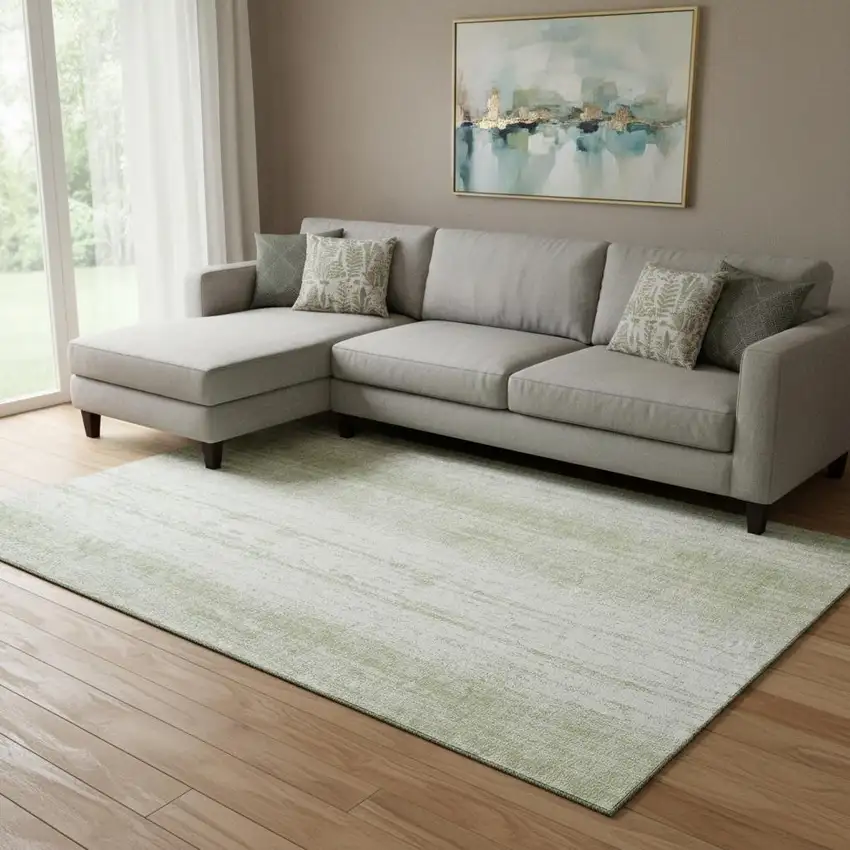 Artichoke Green And Ivory Striped Washable Area Rug With UV Protection Photo 1