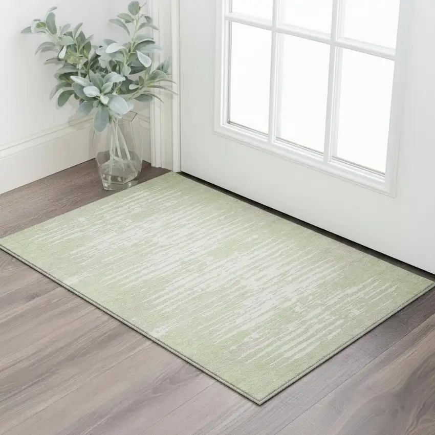 Artichoke Green And Ivory Striped Washable Area Rug With UV Protection Photo 2