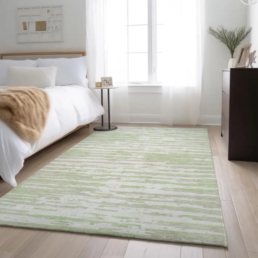 Artichoke Green And Ivory Striped Washable Area Rug With UV Protection Photo 5