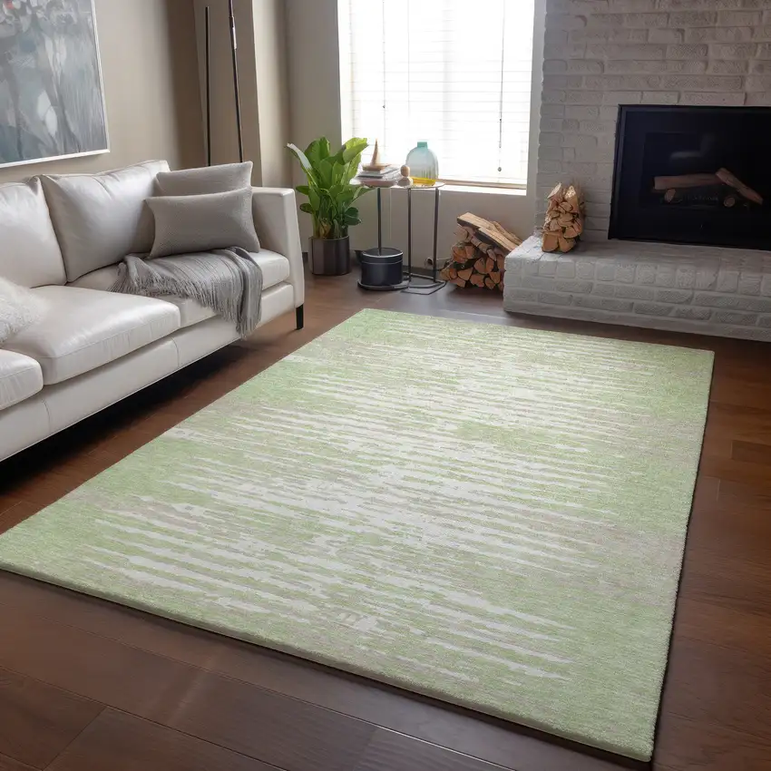Artichoke Green And Ivory Striped Washable Area Rug With UV Protection Photo 6