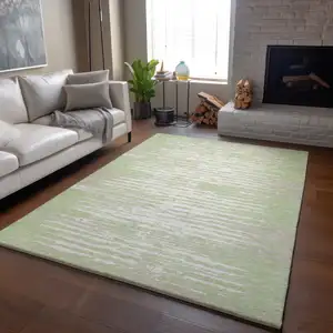 Photo of Artichoke Green And Ivory Striped Washable Area Rug With UV Protection