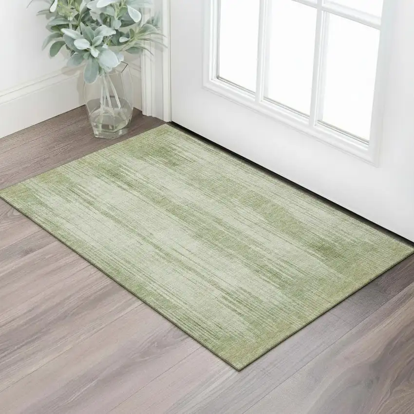 Artichoke Green And Ivory Striped Washable Area Rug With UV Protection Photo 1