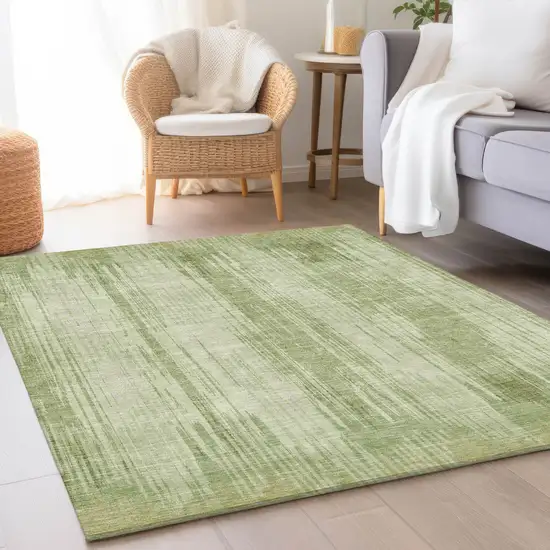 Artichoke Green And Ivory Striped Washable Area Rug With UV Protection Photo 5