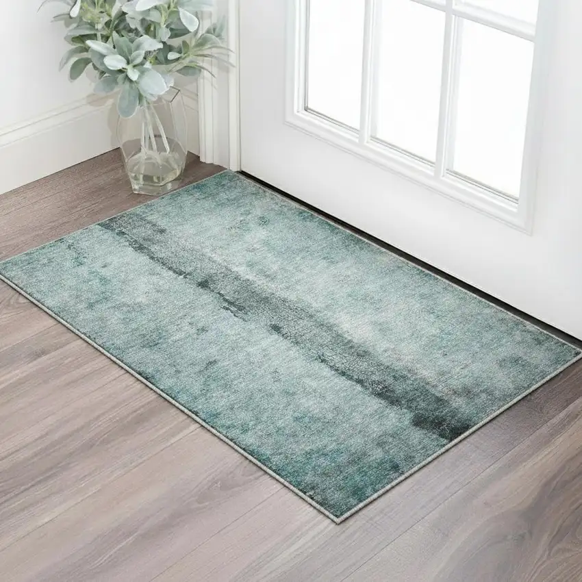 Artichoke Green And Ivory Striped Washable Area Rug With UV Protection Photo 2