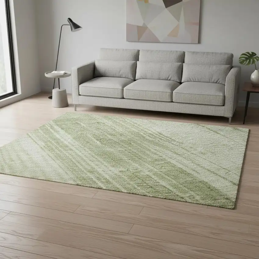 Artichoke Green And Ivory Striped Washable Area Rug With UV Protection Photo 2
