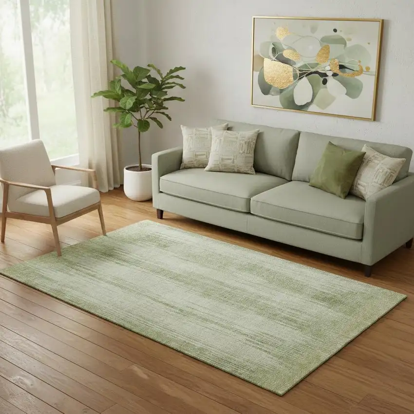 Artichoke Green And Ivory Striped Washable Area Rug With UV Protection Photo 1