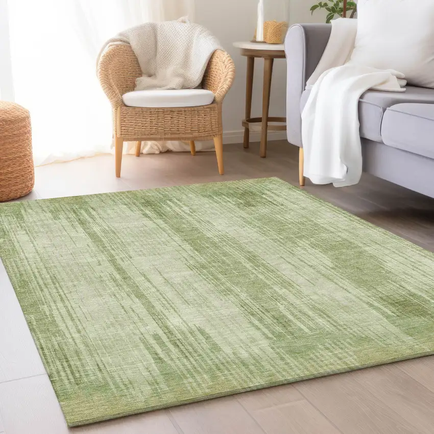 Artichoke Green And Ivory Striped Washable Area Rug With UV Protection Photo 4