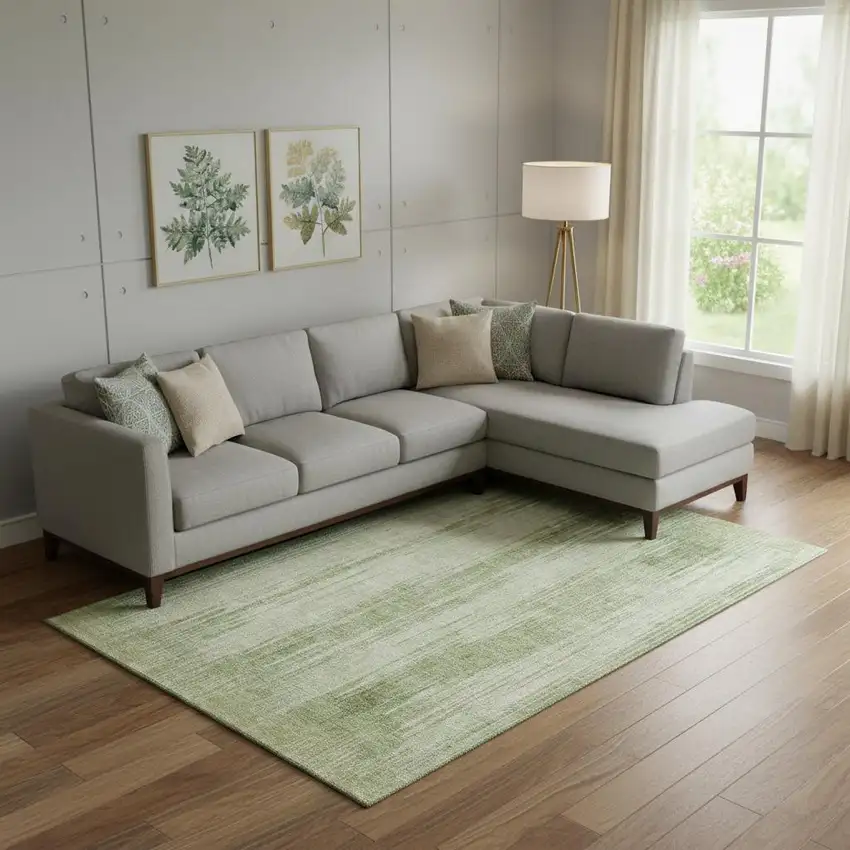 Artichoke Green And Ivory Striped Washable Area Rug With UV Protection Photo 1