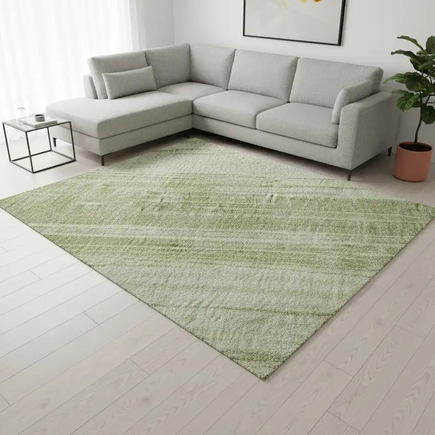 Artichoke Green And Ivory Striped Washable Area Rug With UV Protection Photo 2