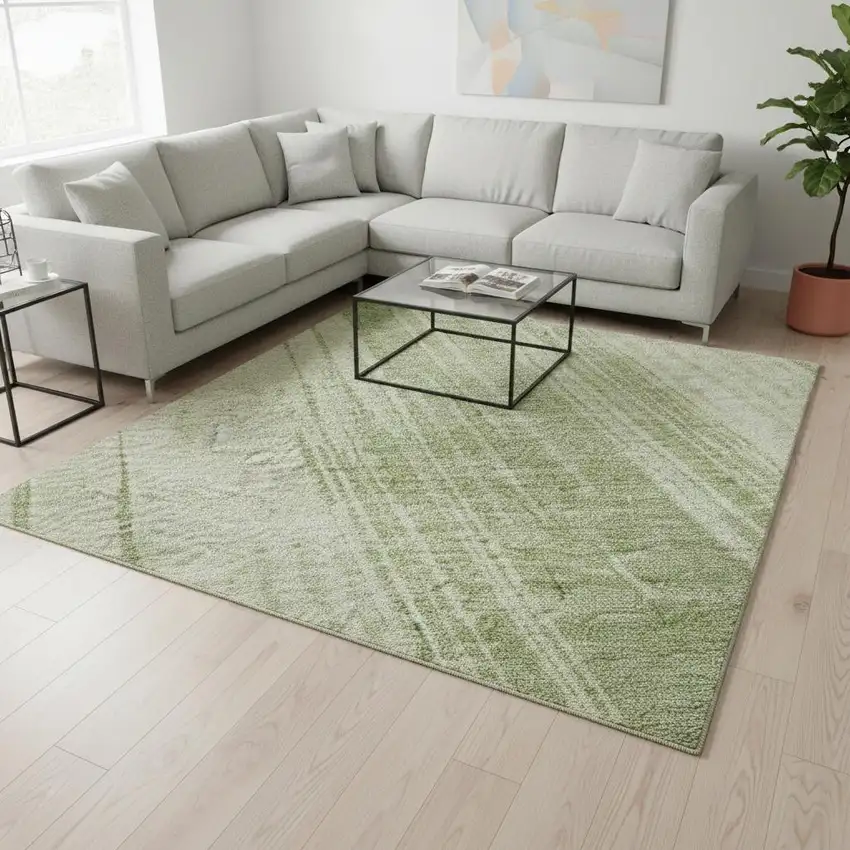 Artichoke Green And Ivory Striped Washable Area Rug With UV Protection Photo 2