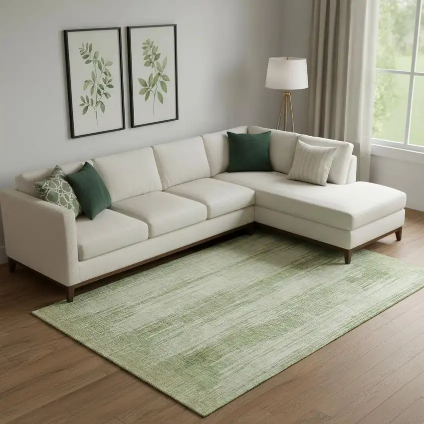Artichoke Green And Ivory Striped Washable Area Rug With UV Protection Photo 1
