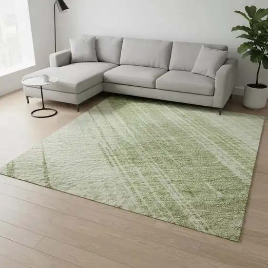 Artichoke Green And Ivory Striped Washable Area Rug With UV Protection Photo 2
