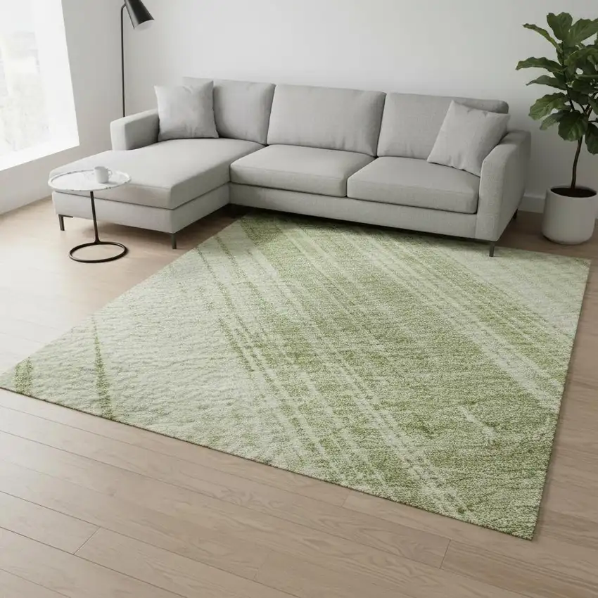 Artichoke Green And Ivory Striped Washable Area Rug With UV Protection Photo 2