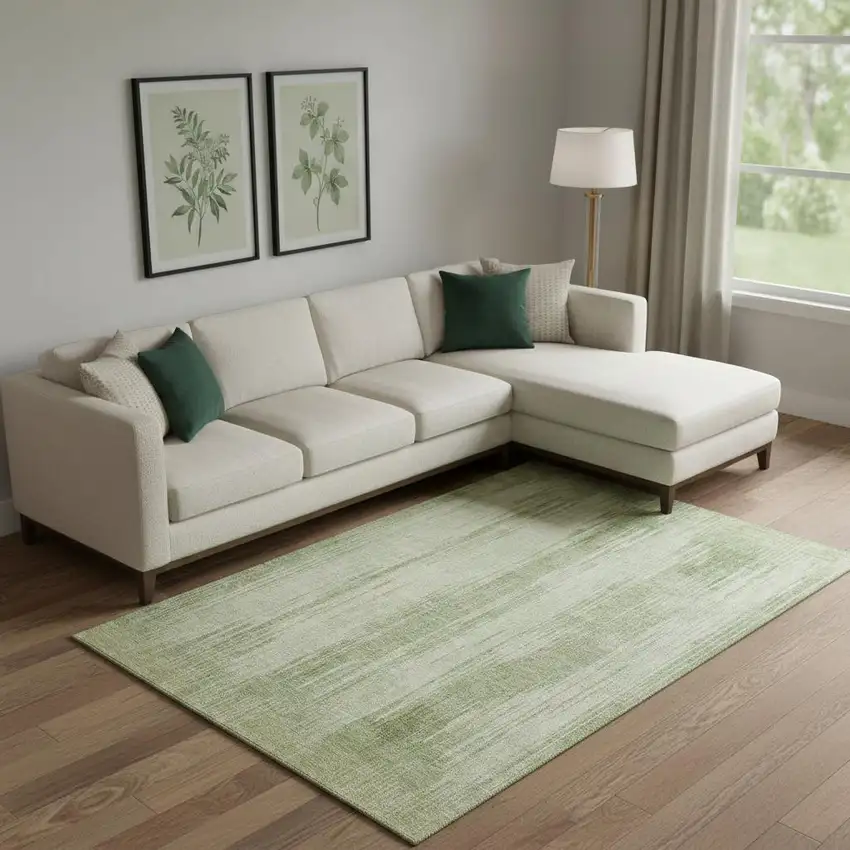 Artichoke Green And Ivory Striped Washable Area Rug With UV Protection Photo 1