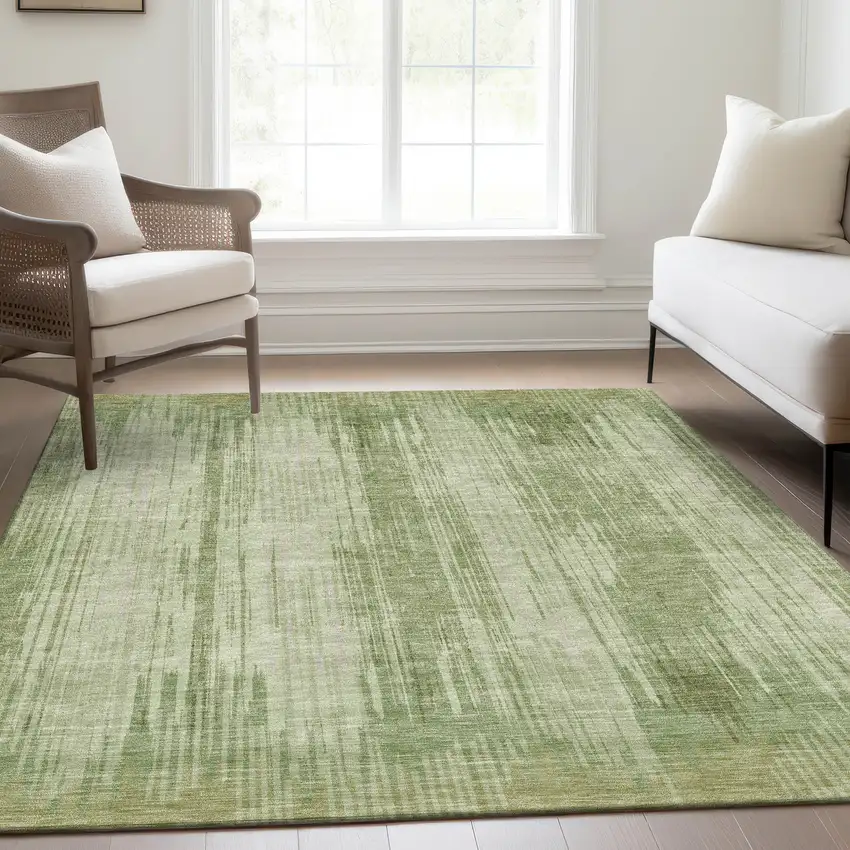 Artichoke Green And Ivory Striped Washable Area Rug With UV Protection Photo 5