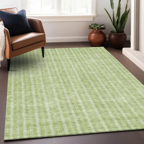 Artichoke Green And Ivory Striped Washable Area Rug With UV Protection Photo 4