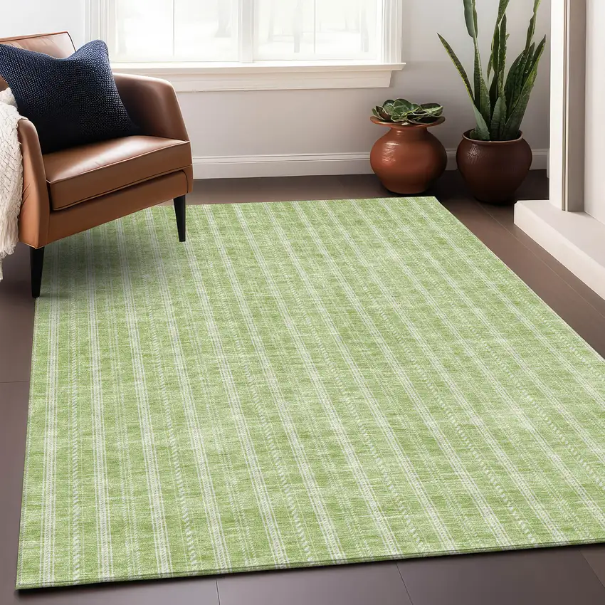 Artichoke Green And Ivory Striped Washable Area Rug With UV Protection Photo 4