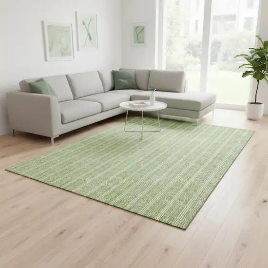 Artichoke Green And Ivory Striped Washable Area Rug With UV Protection Photo 2
