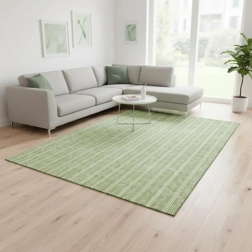 Artichoke Green And Ivory Striped Washable Area Rug With UV Protection Photo 2