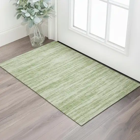 Artichoke Green And Ivory Striped Washable Area Rug With UV Protection Photo 2