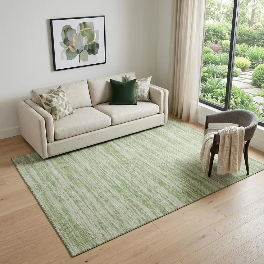 Artichoke Green And Ivory Striped Washable Area Rug With UV Protection Photo 1
