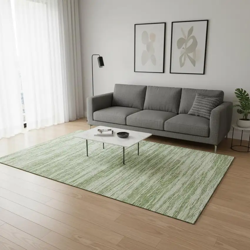 Artichoke Green And Ivory Striped Washable Area Rug With UV Protection Photo 2