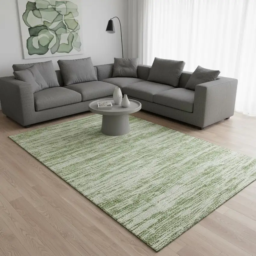 Artichoke Green And Ivory Striped Washable Area Rug With UV Protection Photo 2