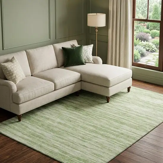 Artichoke Green And Ivory Striped Washable Area Rug With UV Protection Photo 1