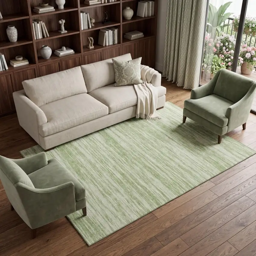 Artichoke Green And Ivory Striped Washable Area Rug With UV Protection Photo 1