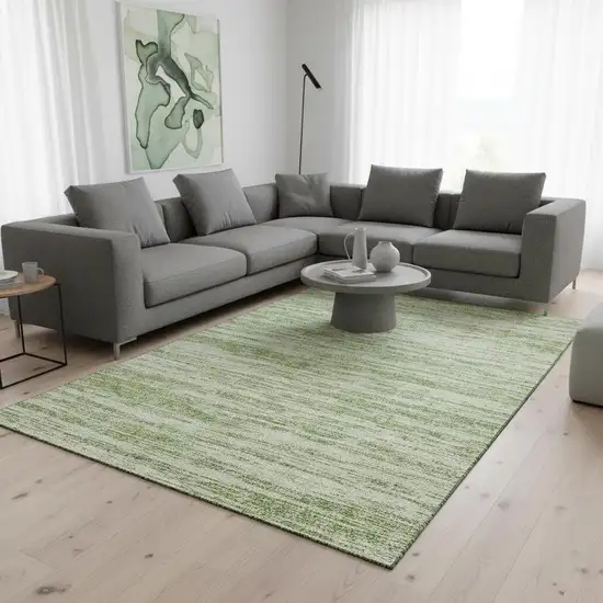 Artichoke Green And Ivory Striped Washable Area Rug With UV Protection Photo 2