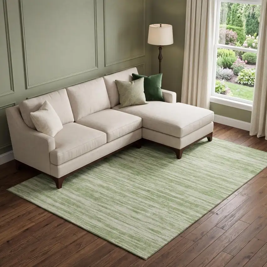 Artichoke Green And Ivory Striped Washable Area Rug With UV Protection Photo 1