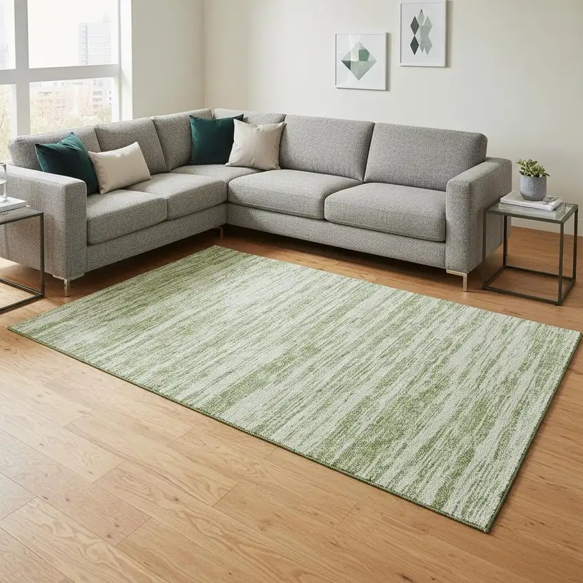 Artichoke Green And Ivory Striped Washable Area Rug With UV Protection Photo 2