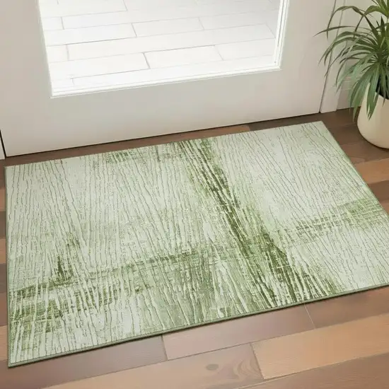 Artichoke Green And Ivory Striped Washable Area Rug With UV Protection Photo 2