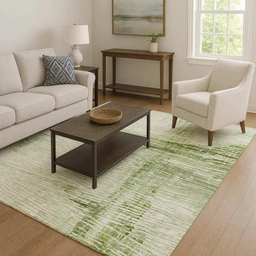 Artichoke Green And Ivory Striped Washable Area Rug With UV Protection Photo 6