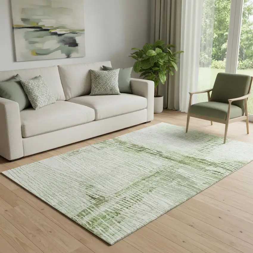 Artichoke Green And Ivory Striped Washable Area Rug With UV Protection Photo 2