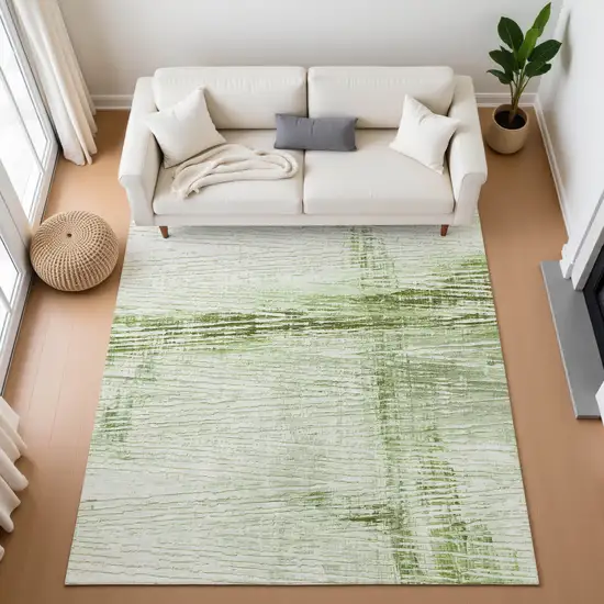 Artichoke Green And Ivory Striped Washable Area Rug With UV Protection Photo 3