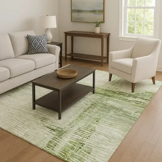 Artichoke Green And Ivory Striped Washable Area Rug With UV Protection Photo 4
