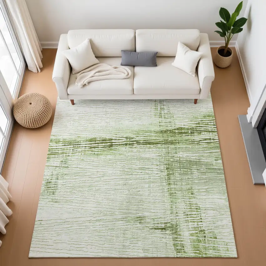 Artichoke Green And Ivory Striped Washable Area Rug With UV Protection Photo 5