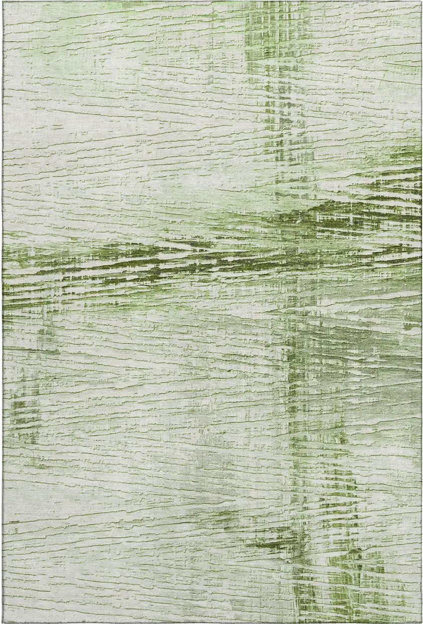 Artichoke Green And Ivory Striped Washable Area Rug With UV Protection Photo 1