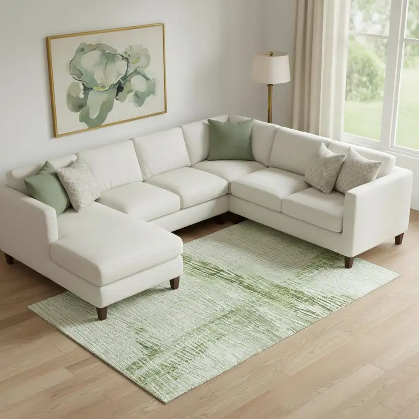 Artichoke Green And Ivory Striped Washable Area Rug With UV Protection Photo 2