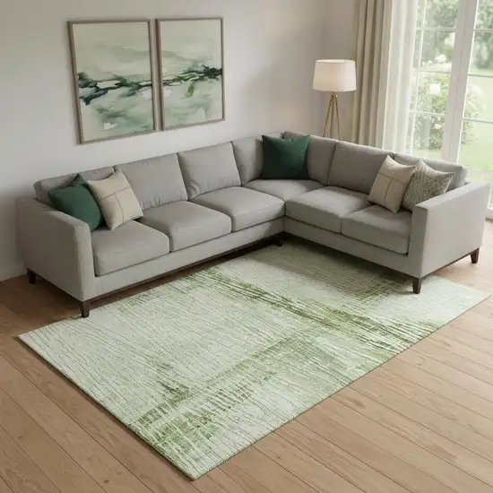 Artichoke Green And Ivory Striped Washable Area Rug With UV Protection Photo 2