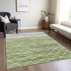 Photo of Artichoke Green And Ivory Striped Washable Indoor Outdoor Area Rug