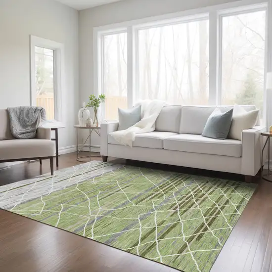 Artichoke Green And Ivory Striped Washable Indoor Outdoor Area Rug Photo 9