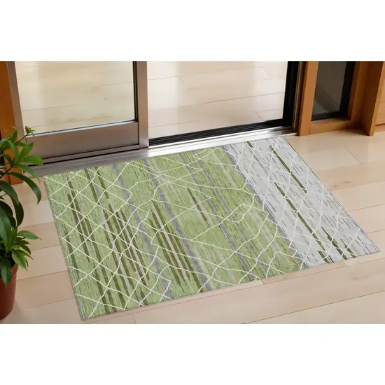 Artichoke Green And Ivory Striped Washable Indoor Outdoor Area Rug Photo 1