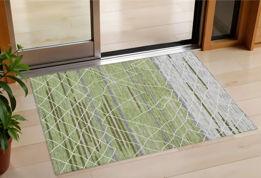 Artichoke Green And Ivory Striped Washable Indoor Outdoor Area Rug Photo 1