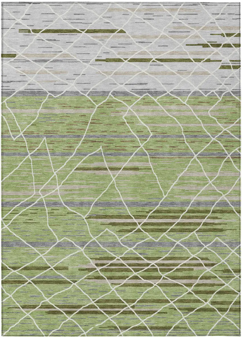Artichoke Green And Ivory Striped Washable Indoor Outdoor Area Rug Photo 2
